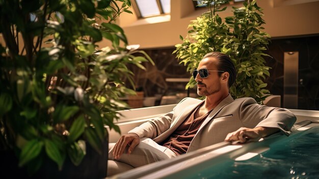 Photo man in a suit relaxing in a hot tub