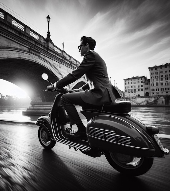 Photo man in suit ride motorcycle wear suit tie everyday commutingin rome italy monochrome cinematic