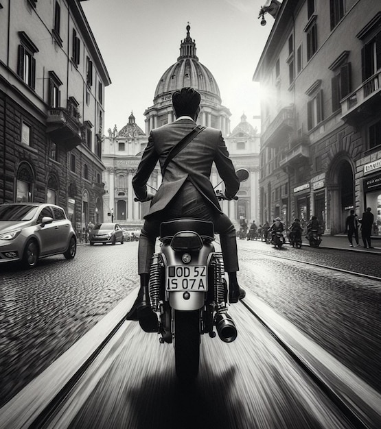 Man in Suit Ride Motorcycle wear suit tie everyday commutingin rome italy monochrome cinematic