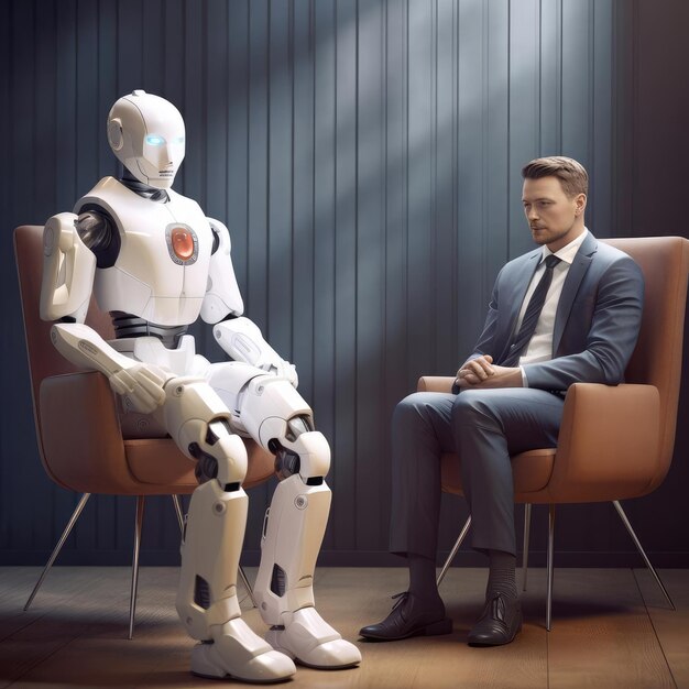 A man in a suit and a robot at a job interview