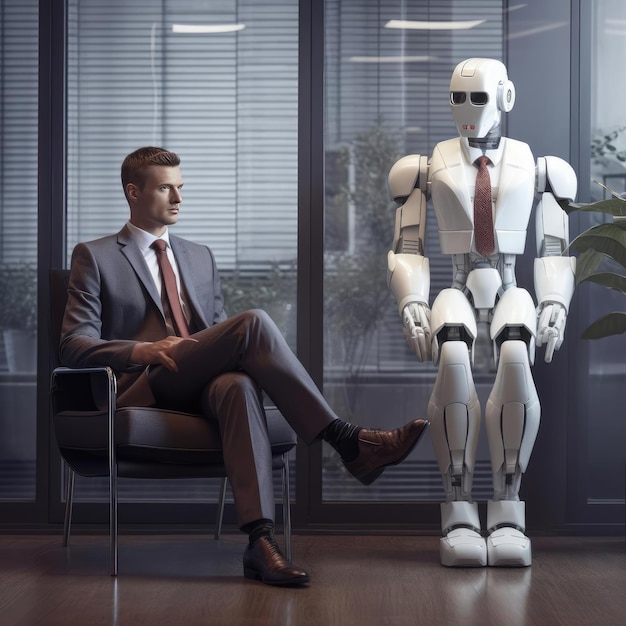 A man in a suit and a robot at a job interview