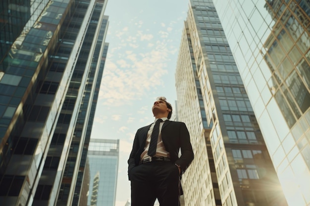 Photo man in suit searching for job standing near office centre