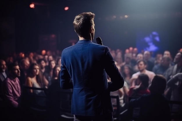 a man in a suit sings into a microphone in front of a crowd of people