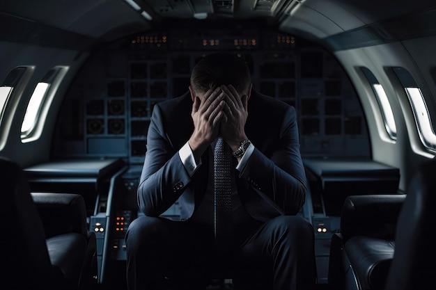 Man In Suit Sits In An Airplane With Head Down And His Hands Over His Face Jetlag Generative AI