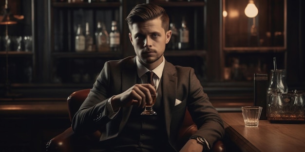 A man in a suit sits in a bar drinking a glass of whiskey.