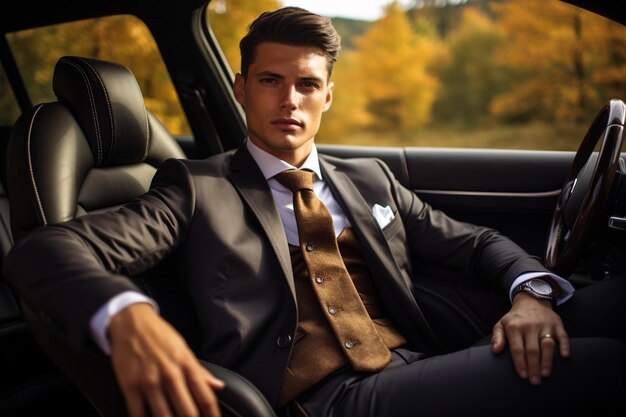 Photo a man in a suit sits in a car with his hands on his hips