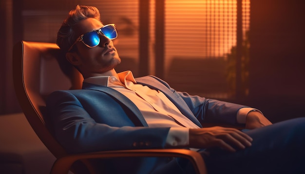 A man in a suit sits in a chair with a bright blue sunglasses