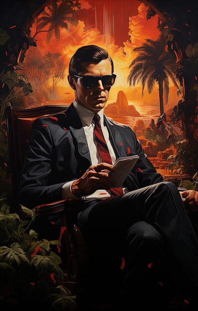 a man in a suit sits in a chair with a palm tree in the background