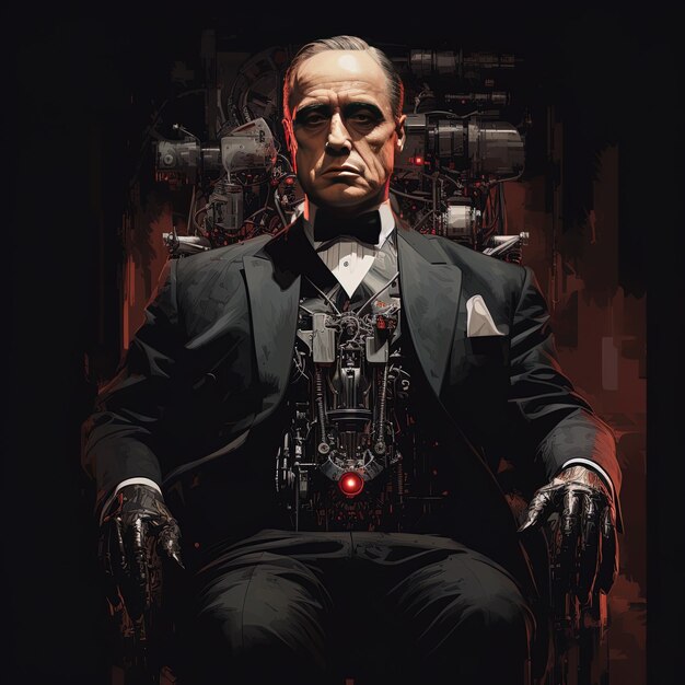 a man in a suit sits in a chair with a robot on the back