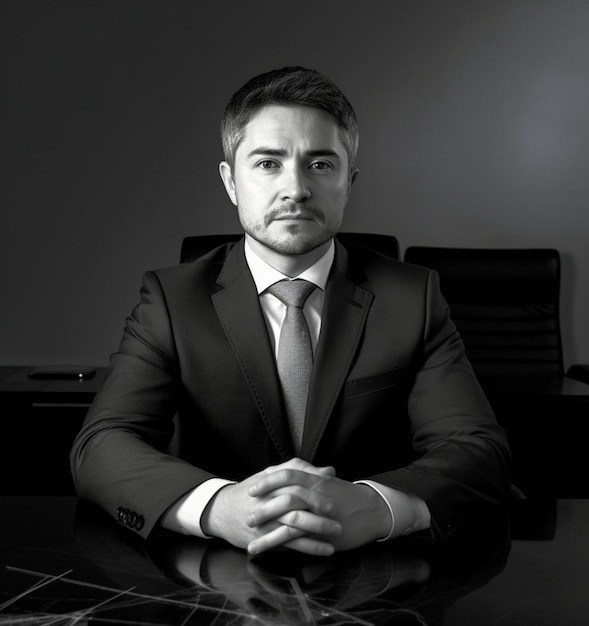 A man in a suit sits at a desk with his hands folded.