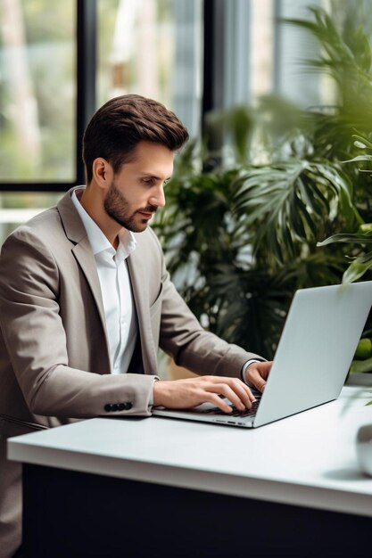 a man in a suit sits at a desk with a laptop