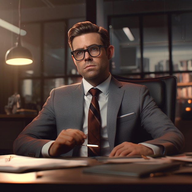 a man in a suit sits at a desk with a pen in his hand.