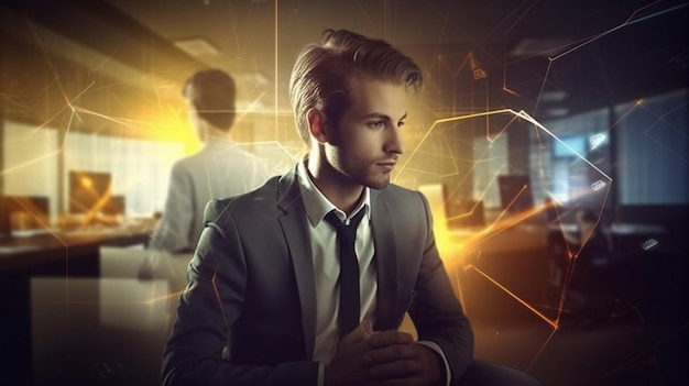 A man in a suit sits in front of a computer screen that says'cyber security '