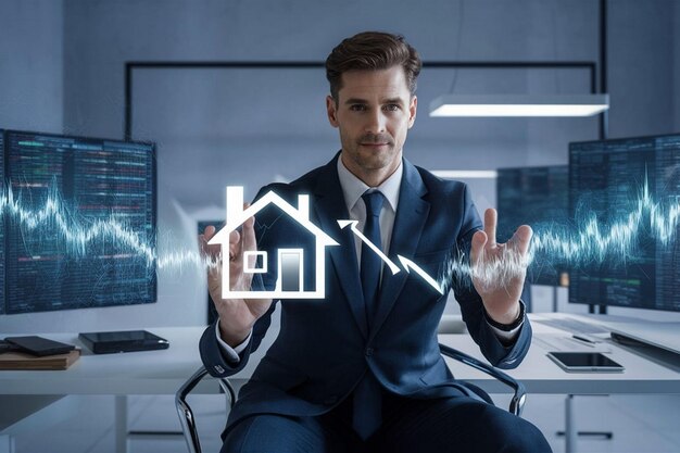 a man in a suit sits in front of a computer with a house on the screen
