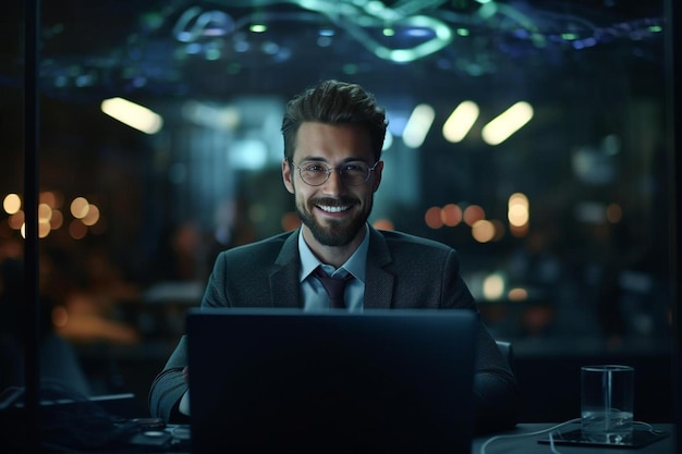 슈트를 입은 남자가 그의 뒤에 초록색 불빛이 있는 노트북 앞에 앉아 있다.
