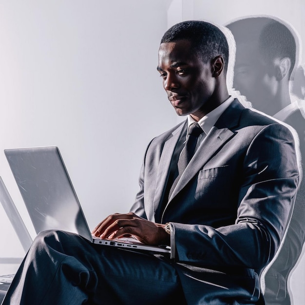 a man in a suit sits in front of a laptop