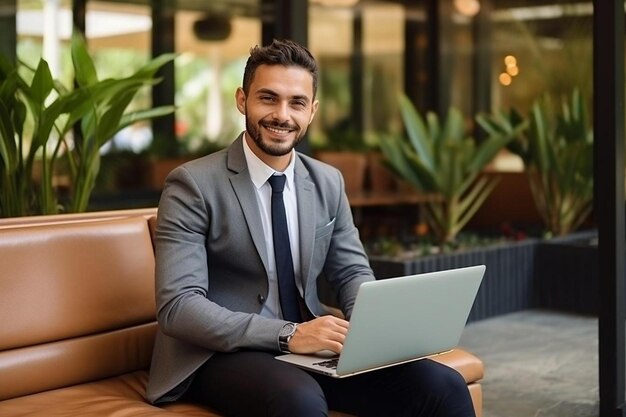 a man in a suit sits in front of a laptop