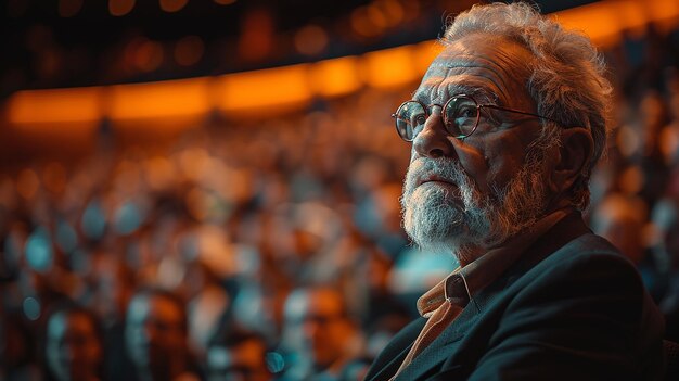 a man in a suit sits in front of a large audience