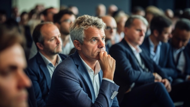 a man in a suit sits in front of a large audience