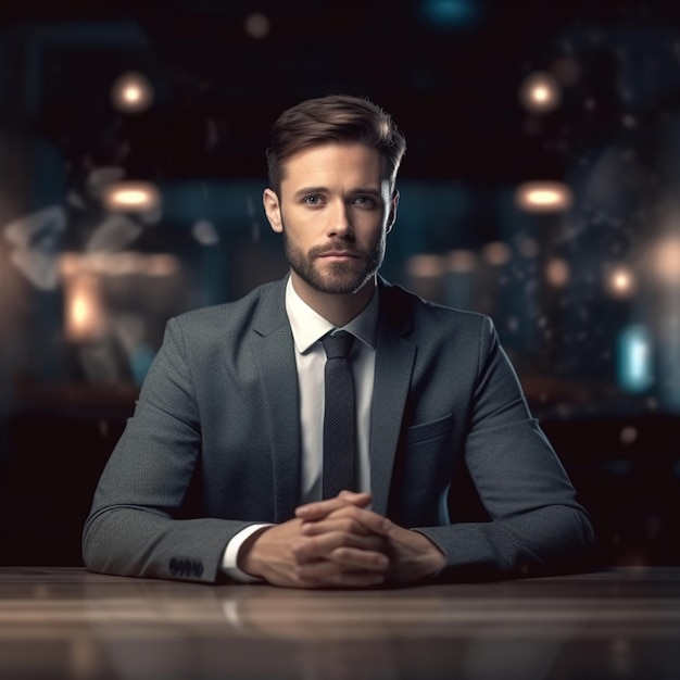 A man in a suit sits at a table in front of a window.