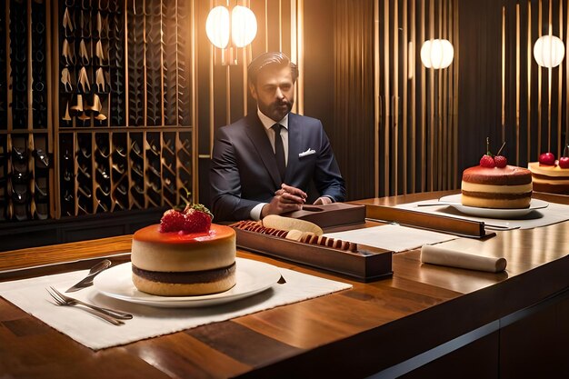 A man in a suit sits at a table with a cake and a knife