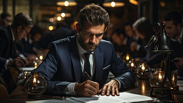 a man in a suit sits at a table with a candle in his hand.