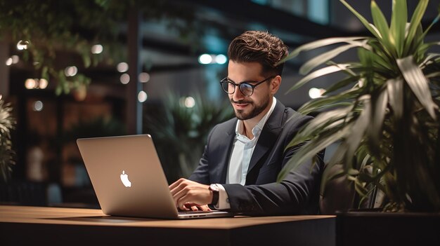 a man in a suit sits at a table with a laptop and a laptop.