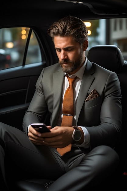 Man in suit sitting in car looking at his cell phone Generative AI