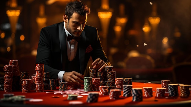 Photo man in a suit sitting at a gambling table