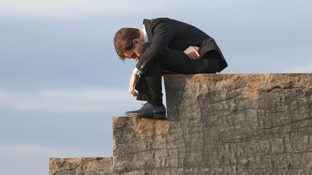 Man in Suit Sitting on Ledge