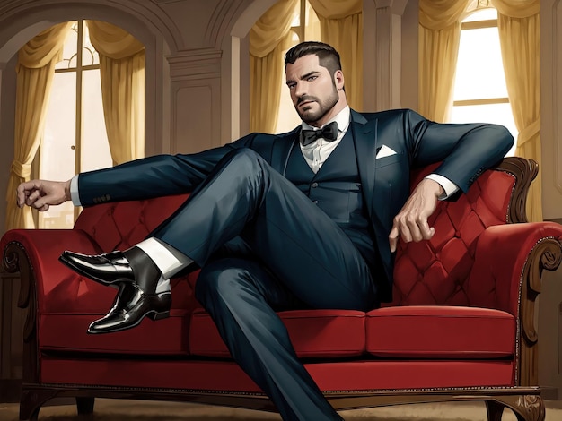 man in a suit sitting on the sofa