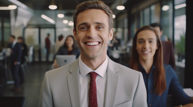 A man in a suit smiles at the camera with a woman in the background.