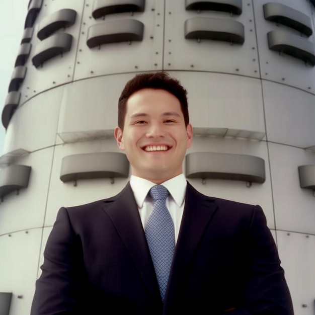 A man in a suit smiles in front of a giant logo.