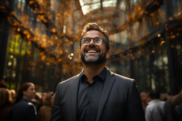 A man in a suit smiles in front of a large glass window.