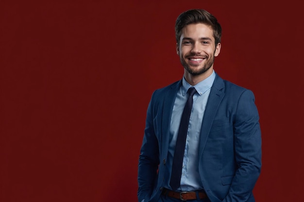 a man in a suit smiles in front of a red background