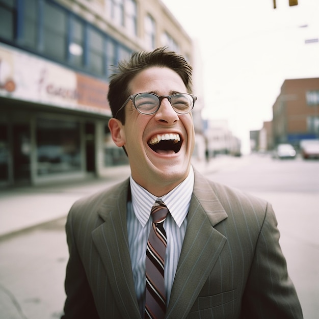 Photo a man in a suit smiles and smiles in front of a storefront.