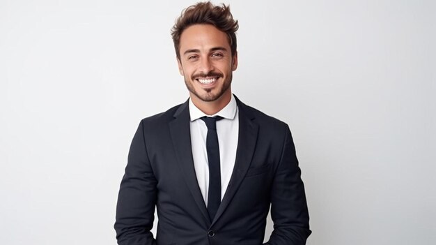 a man in a suit smiles and smiles with a white background