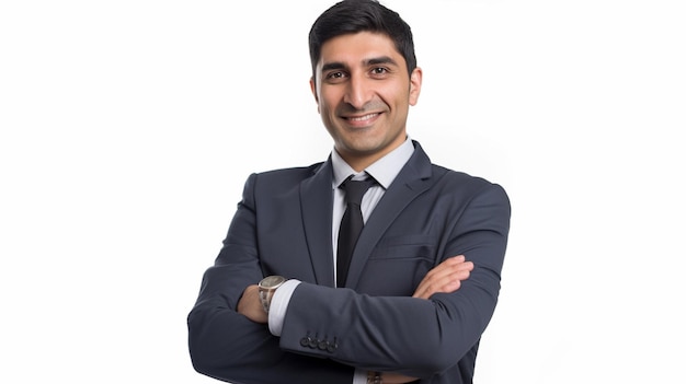 A man in a suit smiles with his arms crossed