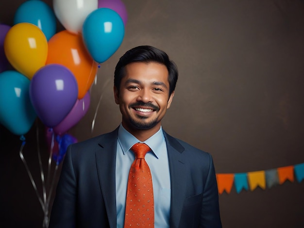 a man in a suit smiling with colorful balloons behind him