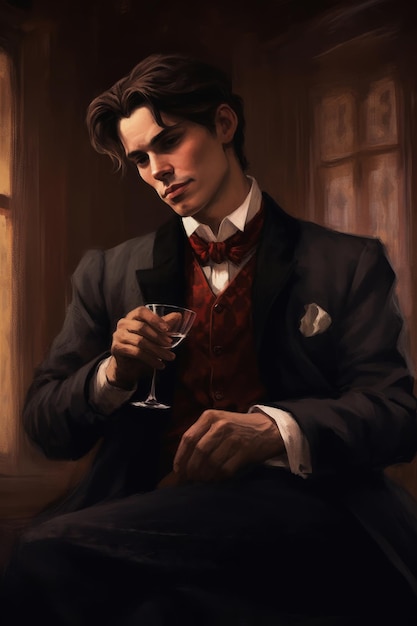 A man in a suit smoking a glass of wine.