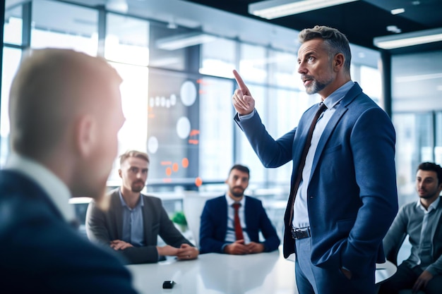 A man in a suit speaks to a group of people in a meeting room.