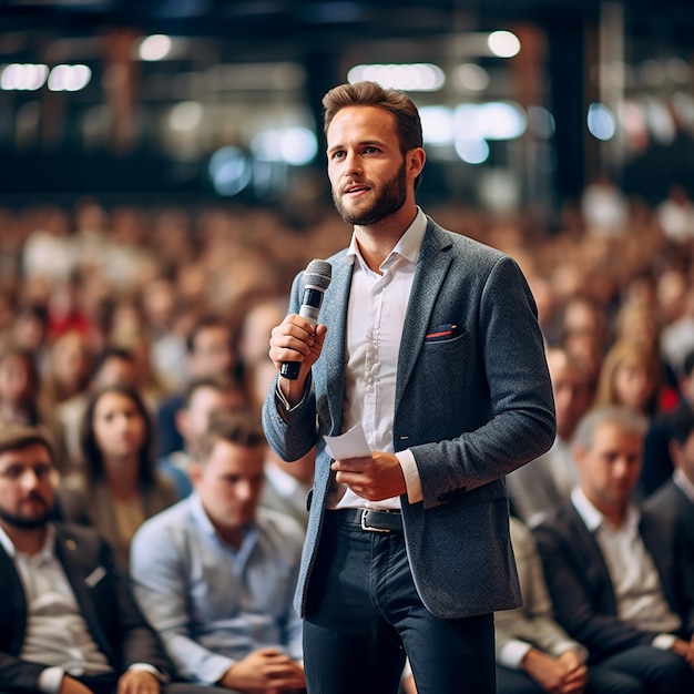 Photo a man in a suit speaks into a microphone in front of a large crowd.