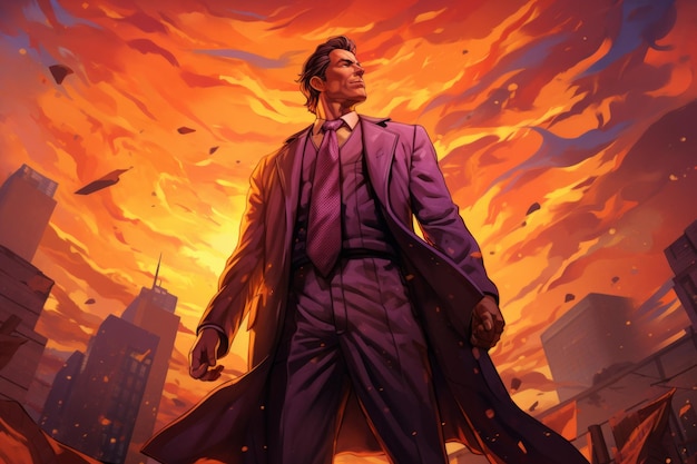 Человек в костюме стоит перед горящим городом.