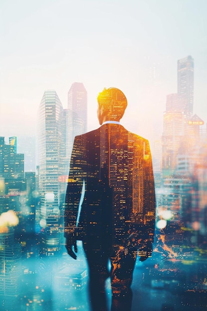 Photo a man in a suit standing in front of a cityscape