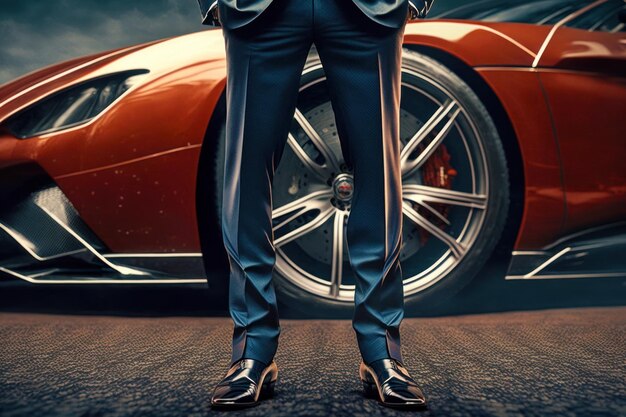 Man in suit standing in front of red sports car with his hands in his pockets Generative AI