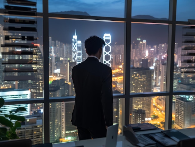 a man in a suit standing in front of a window looking out at the city at night