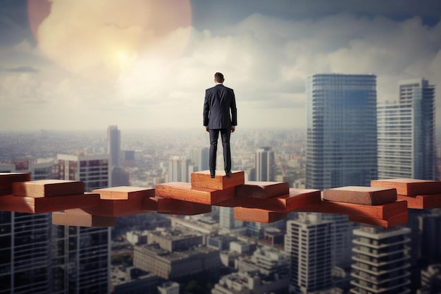 a man in a suit standing on a ledge above a city