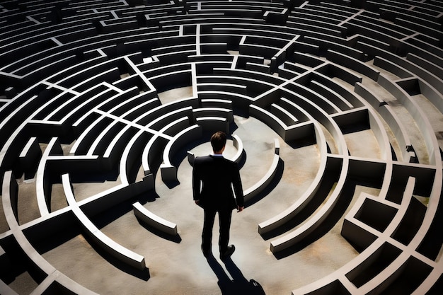 Foto uomo in abito in piedi in un labirinto di labirinti ai generativa