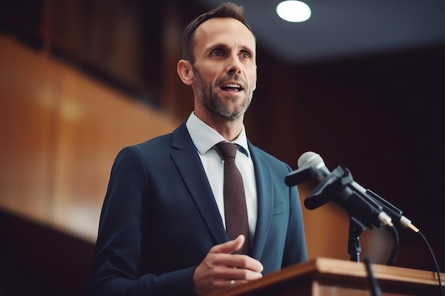 A man in a suit standing at a podium with a microphone