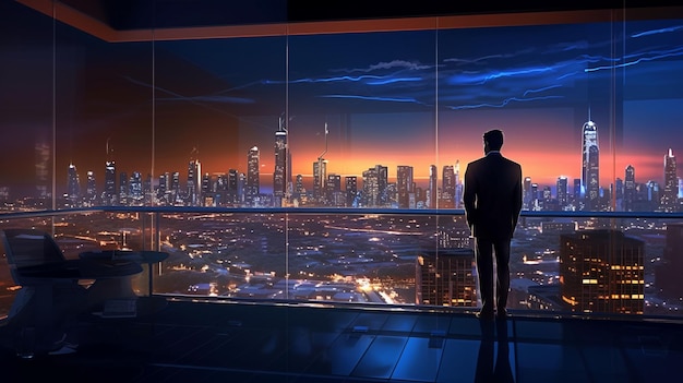 A man in a suit standing on the rooftop balcony with city view Generative Ai